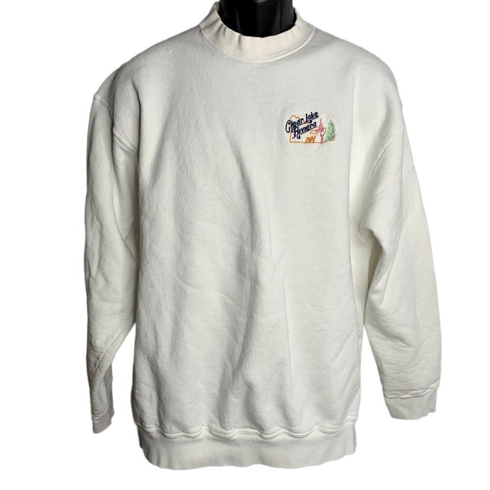 Vintage 80s Mens Clear Lake Riviera Sweatshirt XL White Crewneck Embroidered
